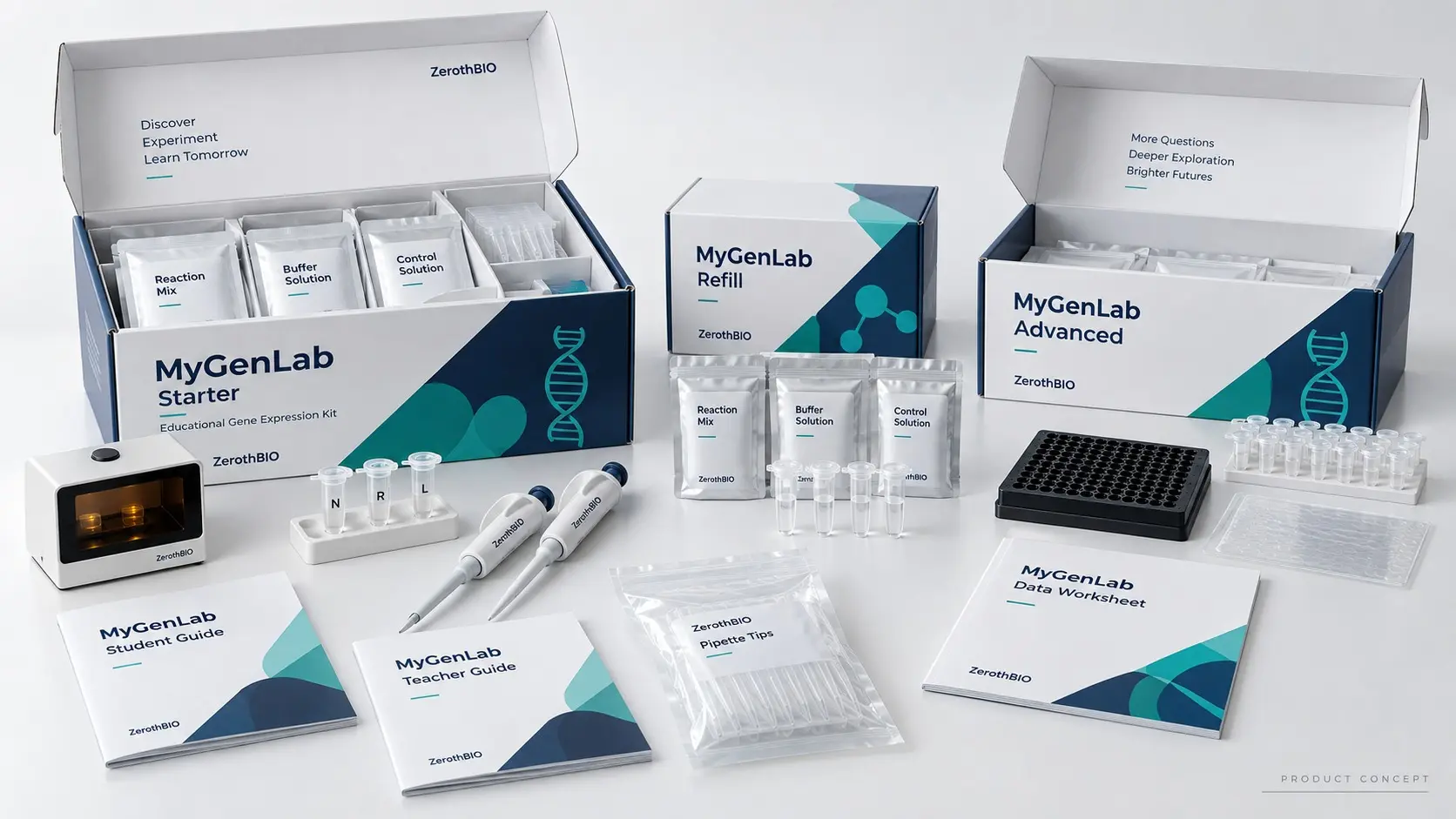 Starter, Refill, Advanced 패키지와 실험 구성품으로 이루어진 MyGenLab 교육용 키트 콘셉트